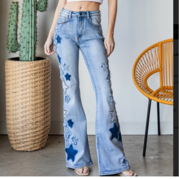 OLi and Hali 4th of July Be Your Own Star Wide Leg Flare Jeans Flare Pants SR16 - Picture 4 of 8